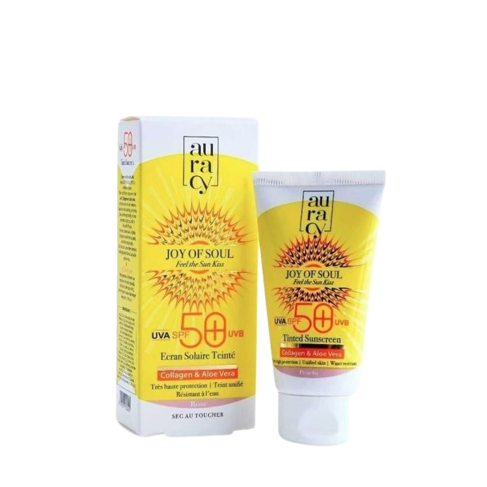 AURACY Joy of Soul Écran Solaire Teinté Rose SPF 50+ 50 g protège efficacement contre les UVA/UVB tout en unifiant le teint grâce à sa teinte rose. Idéal pour un usage quotidien.