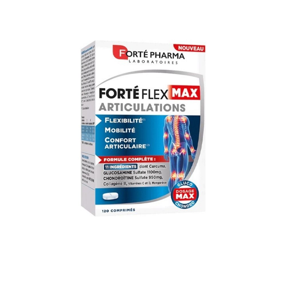 FORTE PHARMA Forte Flex Max Articulations 120 comprimés soutient la mobilité, la souplesse et le confort articulaire grâce à la glucosamine, la chondroïtine, au curcuma et au collagène II. Cure de 1 à 3 mois.