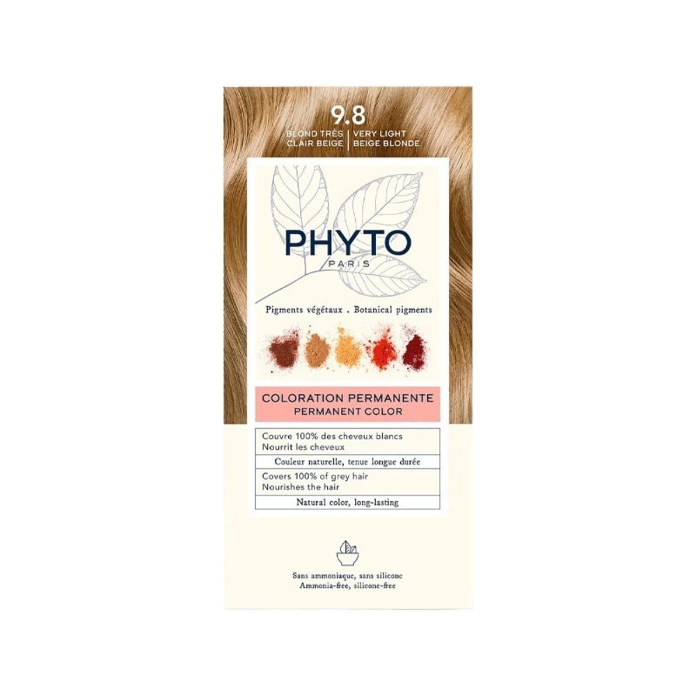 PHYTO PHYTOCOLOR 9.8 Blond Très Clair Beige est une coloration permanente sans ammoniaque qui offre une teinte blond très clair beige lumineuse et naturelle