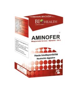 BIOHEALTH AMINOFER 30 Gélules est un complément alimentaire à base de fer bisglycinate, spiruline et vitamine C. Il aide à réduire la fatigue, soutenir la formation des globules rouges et prévenir les carences en fer.