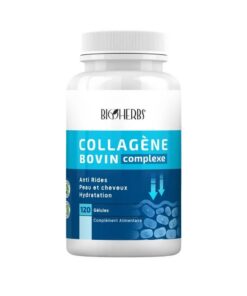 Bioherbs Collagène Bovin Complexe 120 Gélules est un complément alimentaire formulé à base de collagène d’origine bovine, conçu pour compléter l’alimentation quotidienne en collagène. Le collagène est une protéine naturellement présente dans l’organisme, notamment au niveau de la peau, des os, des articulations et des tissus conjonctifs. Sa présentation en gélules offre une prise simple et pratique au quotidien. Cette formule s’intègre particulièrement dans une routine visant à préserver le capital articulaire, osseux et cutané, notamment lorsque la production naturelle de collagène tend à diminuer avec l’âge. Points forts À base de collagène bovin Contribue à l’apport quotidien en collagène Idéal dans une routine dédiée à la peau et aux articulations Format pratique en gélules Boîte de 120 gélules, adaptée à une utilisation régulière Conseils d’utilisation Prendre les gélules selon les recommandations indiquées sur l’emballage du produit, avec un grand verre d’eau. Précautions : Complément alimentaire à utiliser dans le cadre d’une alimentation variée et équilibrée et d’un mode de vie sain. Ne pas dépasser la dose journalière recommandée. Tenir hors de portée des jeunes enfants.